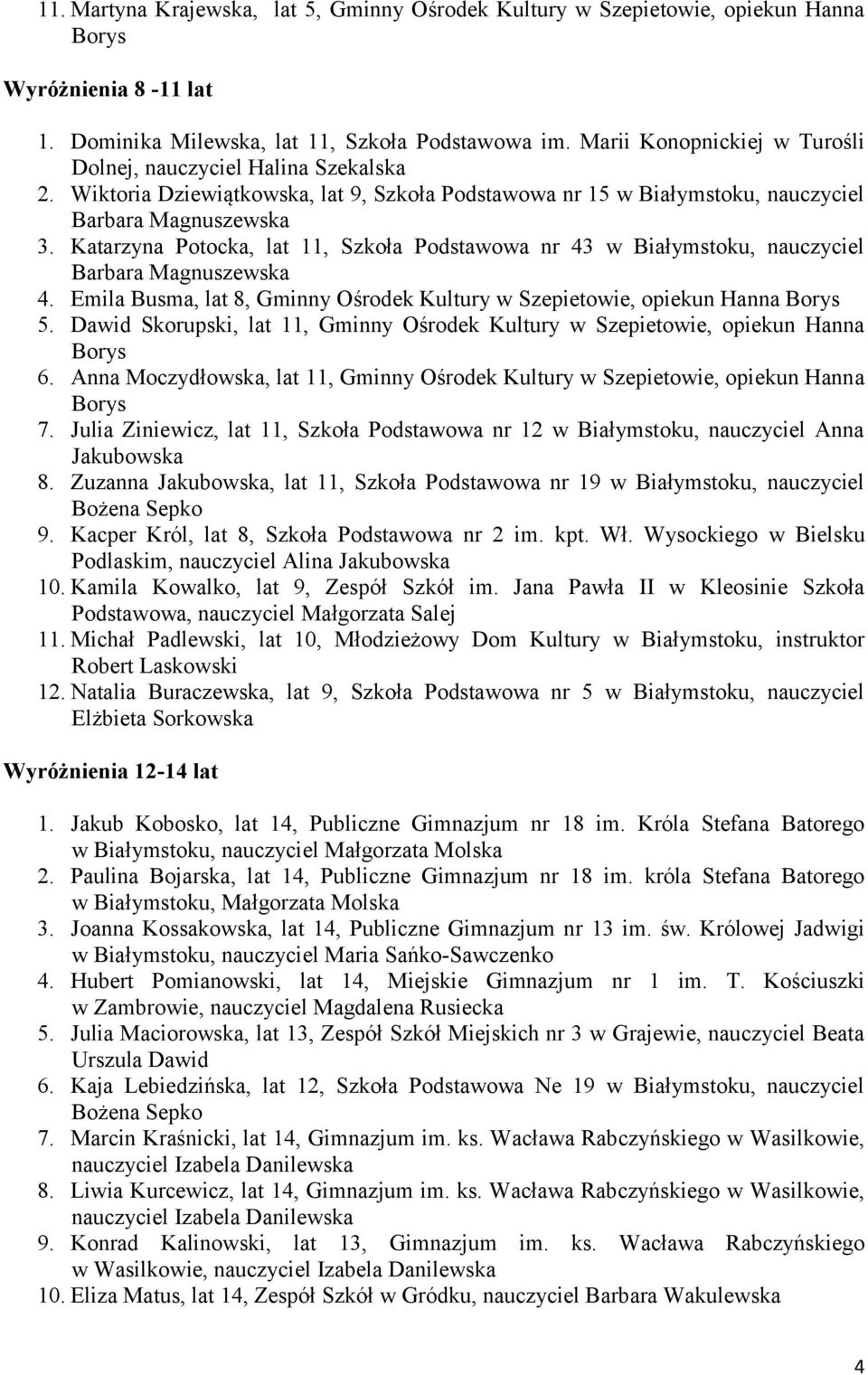 Katarzyna Potocka, lat 11, Szkoła Podstawowa nr 43 w Białymstoku, nauczyciel 4. Emila Busma, lat 8, Gminny Ośrodek Kultury w Szepietowie, opiekun Hanna 5.