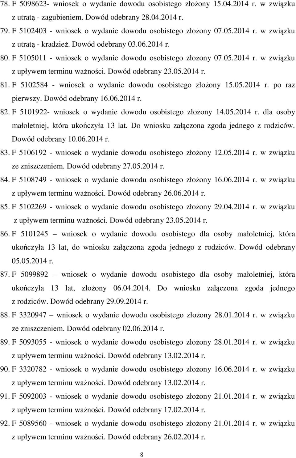 Dowód odebrany 23.05.2014 r. 81. F 5102584 - wniosek o wydanie dowodu osobistego złożony 15.05.2014 r. po raz pierwszy. Dowód odebrany 16.06.2014 r. 82.