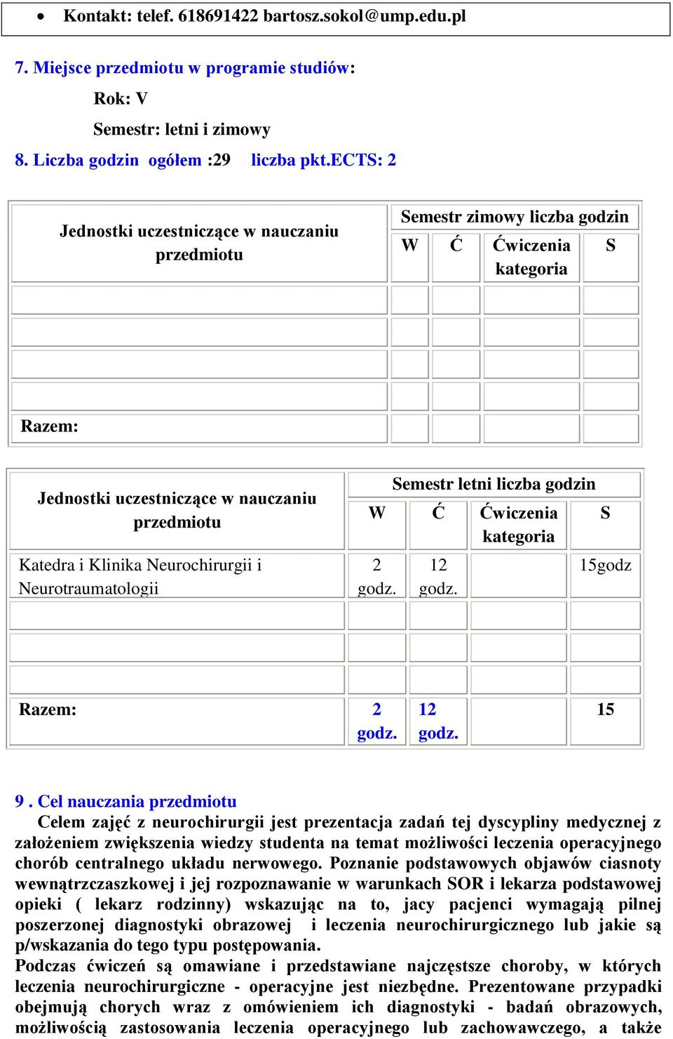 Neurotraumatologii Semestr letni liczba godzin W Ć Ćwiczenia kategoria 2 godz. 12 godz. S 15godz Razem: 2 godz. 12 godz. 15 9.