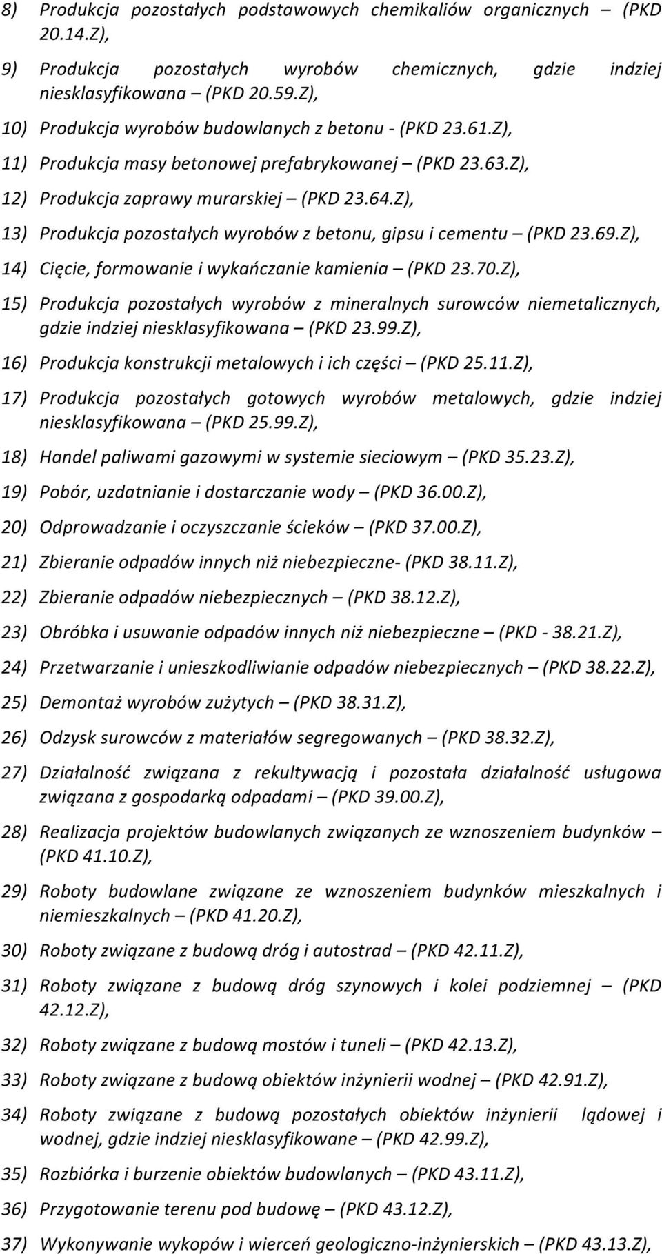 Z), 13) Produkcja pozostałych wyrobów z betonu, gipsu i cementu (PKD 23.69.Z), 14) Cięcie, formowanie i wykańczanie kamienia (PKD 23.70.