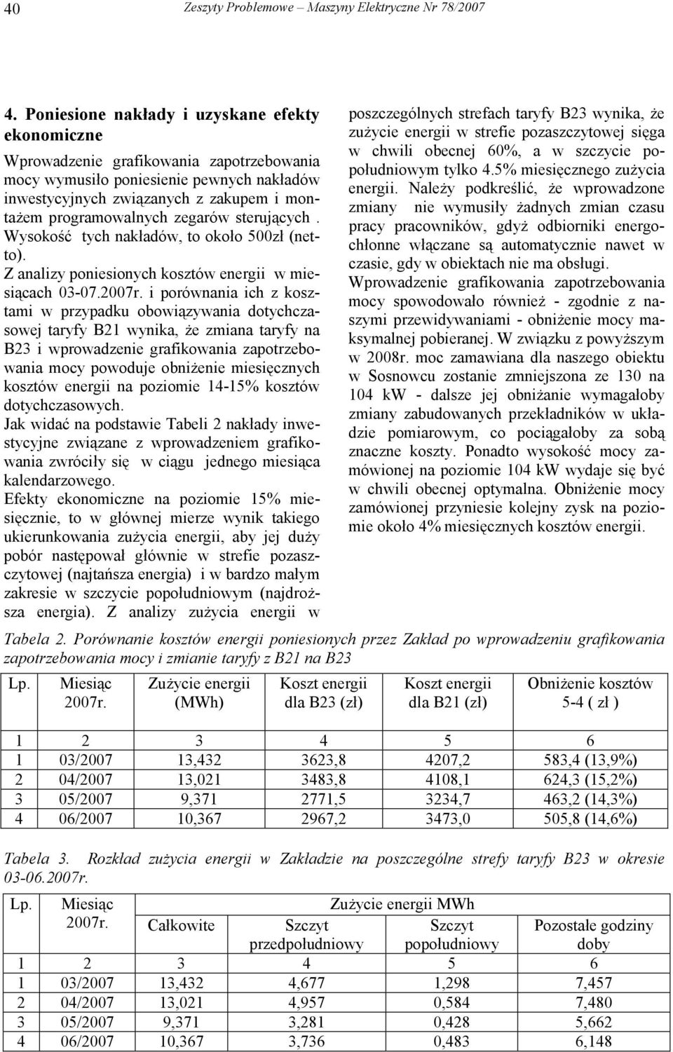 zegarów sterujących. Wysokość tych nakładów, to około 500zł (netto). Z analizy poniesionych kosztów energii w miesiącach 03-07.2007r.