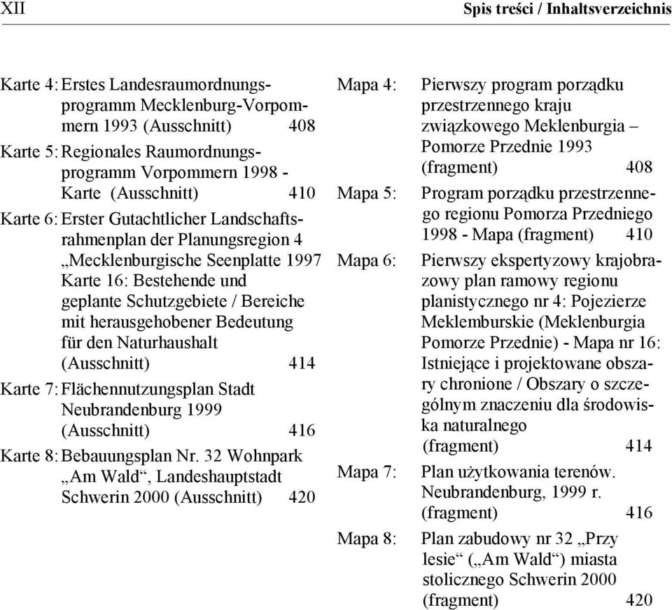 herausgehobener Bedeutung für den Naturhaushalt (Ausschnitt) 414 Karte 7: Flächennutzungsplan Stadt Neubrandenburg 1999 (Ausschnitt) 416 Karte 8: Bebauungsplan Nr.