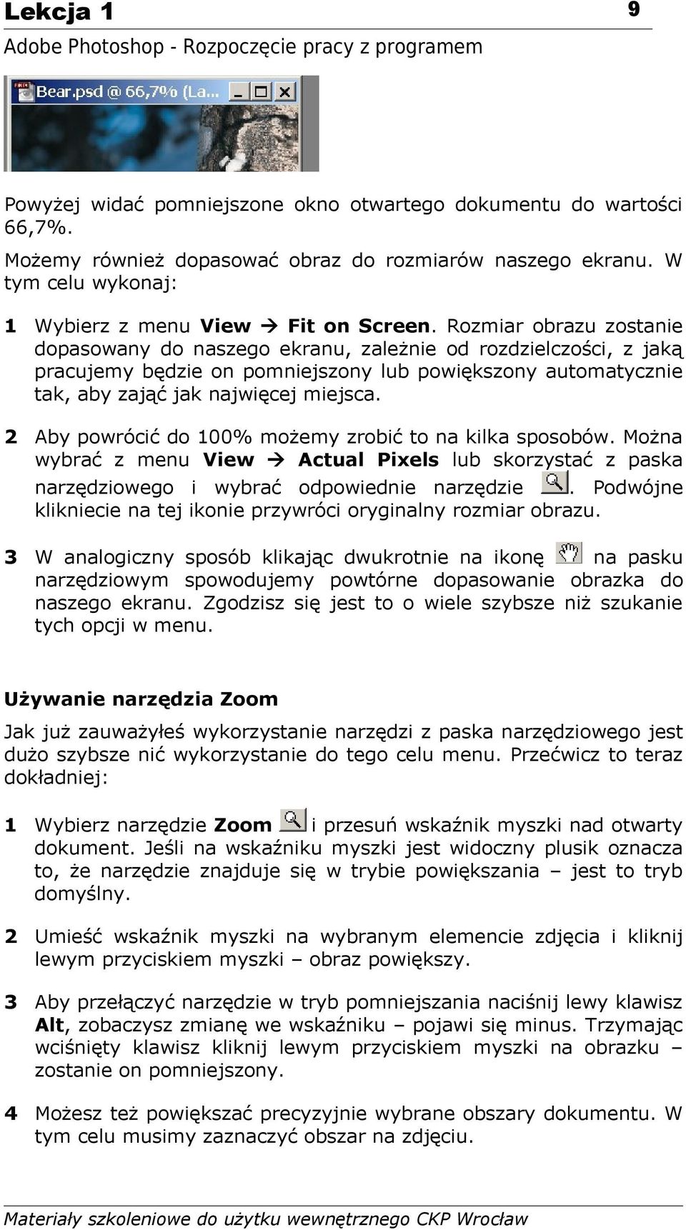 2 Aby powrócić do 100% możemy zrobić to na kilka sposobów. Można wybrać z menu View Actual Pixels lub skorzystać z paska narzędziowego i wybrać odpowiednie narzędzie.