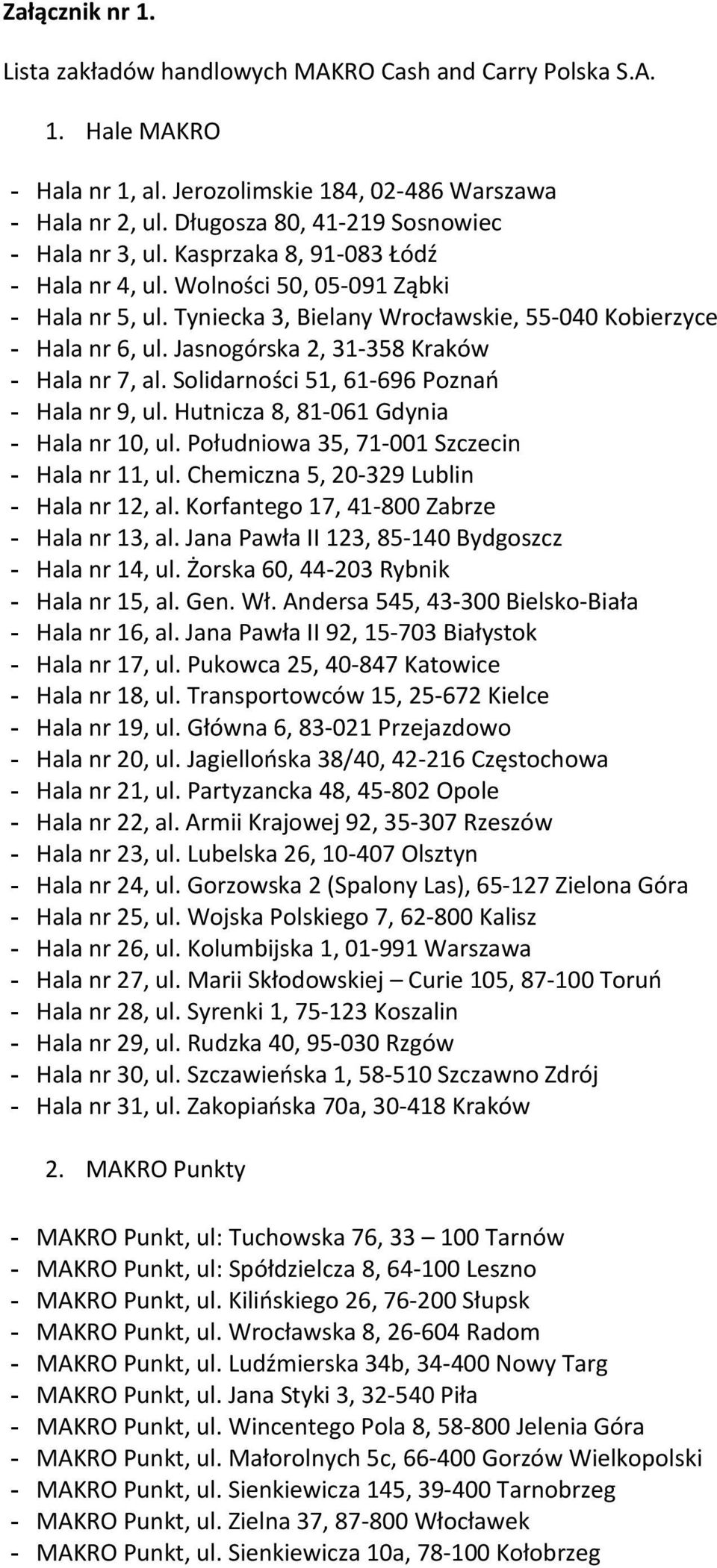 Jasnogórska 2, 31-358 Kraków - Hala nr 7, al. Solidarności 51, 61-696 Poznań - Hala nr 9, ul. Hutnicza 8, 81-061 Gdynia - Hala nr 10, ul. Południowa 35, 71-001 Szczecin - Hala nr 11, ul.
