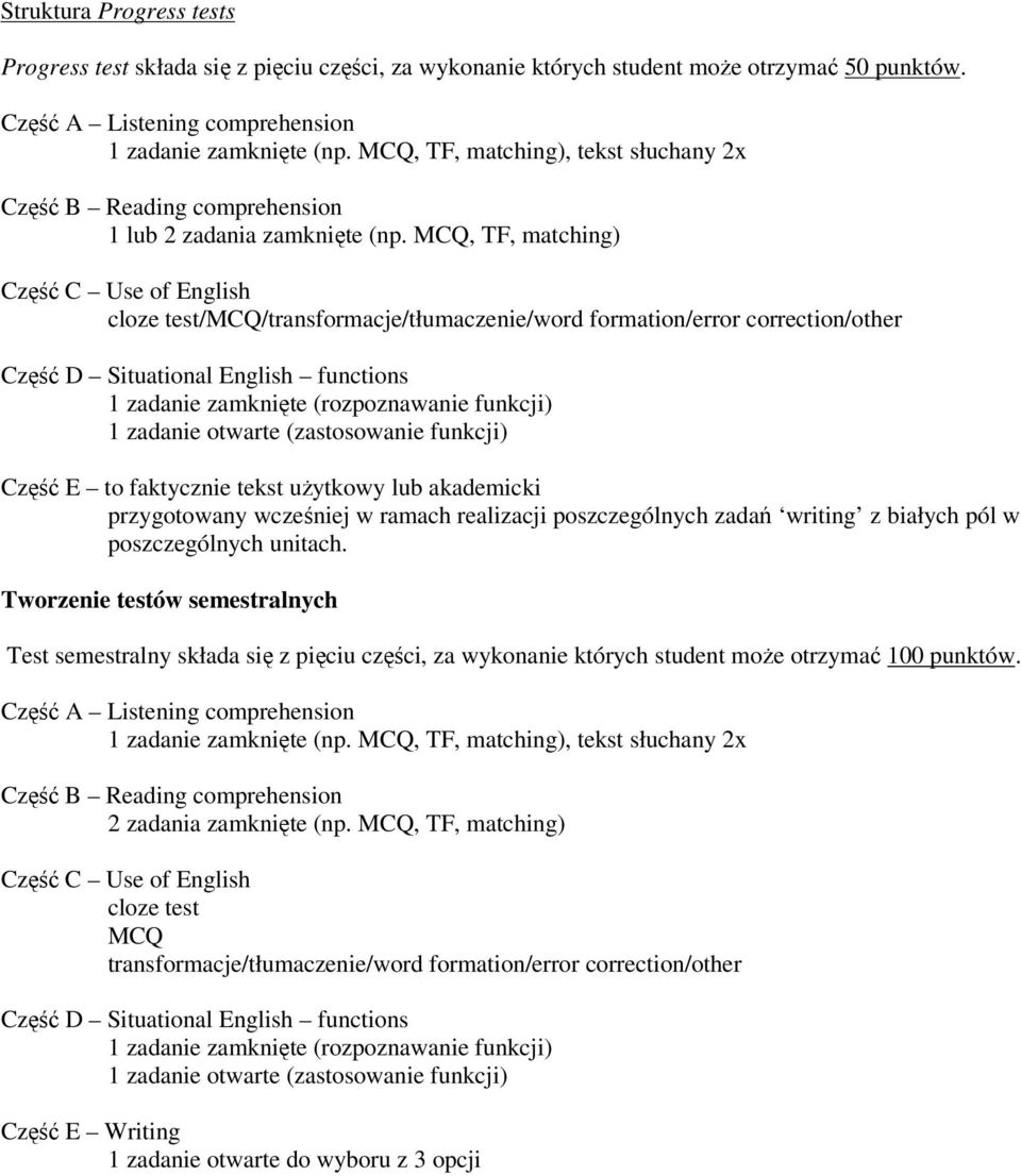 MCQ, TF, matching) Część C Use of English cloze test/mcq/transformacje/tłumaczenie/word formation/error correction/other Część D Situational English functions 1 zadanie zamknięte (rozpoznawanie