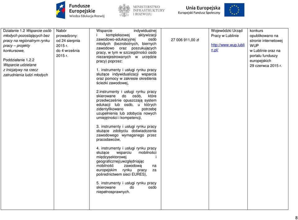 zawodowej, 27 006 911,00 zł Wojewódzki Urząd Pracy w Lublinie http://www.wup.lubli n.