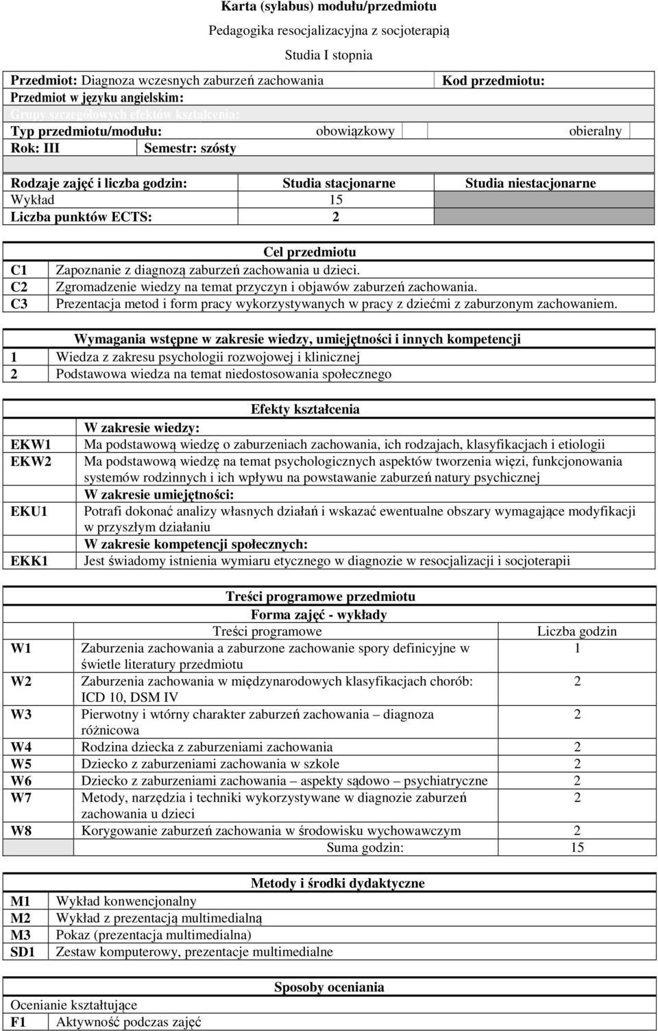 punktów ECTS: C1 C C3 Cel przedmiotu Zapoznanie z diagnozą zaburzeń zachowania u dzieci. Zgromadzenie wiedzy na temat przyczyn i objawów zaburzeń zachowania.