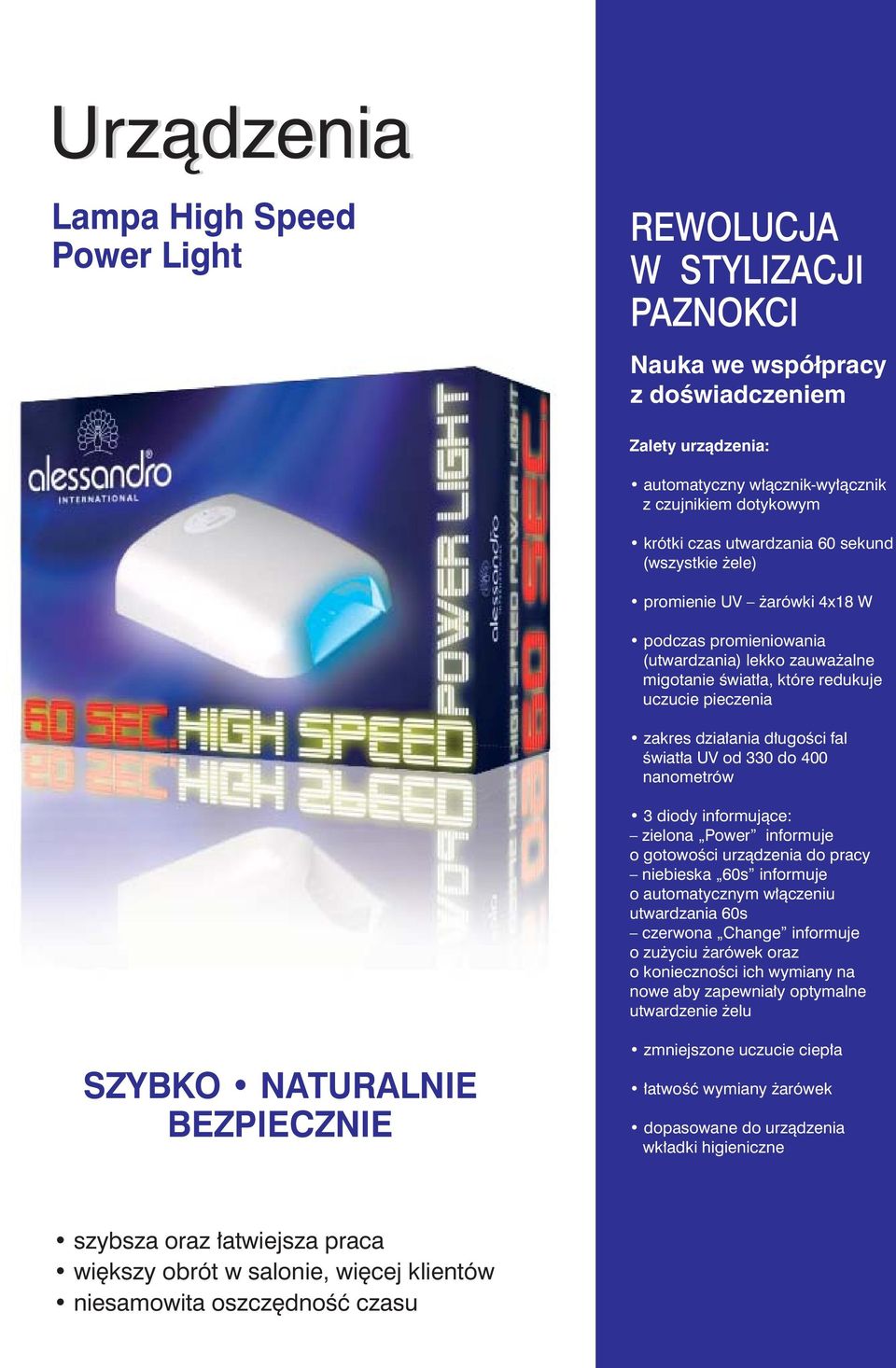 fal œwiat³a UV od 330 do 400 nanometrów 3 diody informuj¹ce: zielona Power informuje o gotowoœci urz¹dzenia do pracy niebieska 60s informuje o automatycznym w³¹czeniu utwardzania 60s czerwona Change