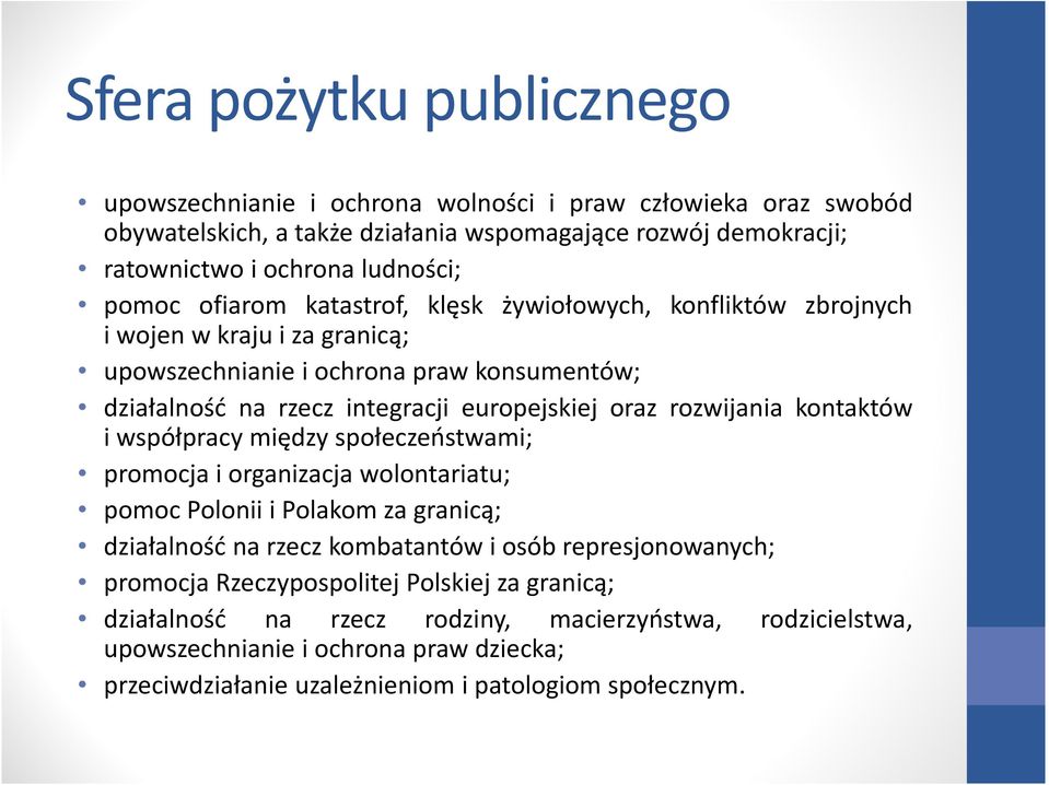 rozwijania kontaktów i współpracy między społeczeństwami; promocja i organizacja wolontariatu; pomoc Polonii i Polakom za granicą; działalność na rzecz kombatantów i osób represjonowanych;