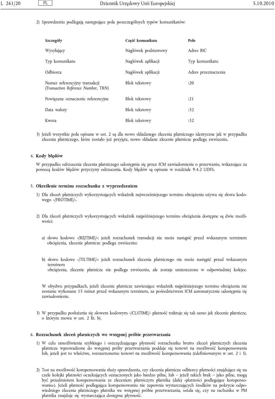 komunikatu Odbiorca Nagłówek aplikacji Adres przeznaczenia Numer referencyjny transakcji (Transaction Reference Number, TRN) Blok tekstowy :20 Powiązane oznaczenie referencyjne Blok tekstowy :21 Data