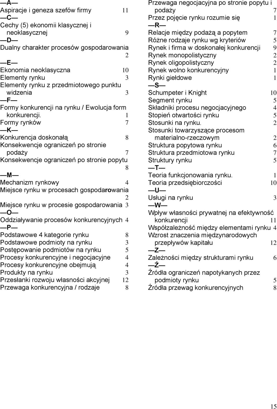 1 Formy rynków 7 K Konkurencja doskonałą 8 Konsekwencje ograniczeń po stronie podaży 7 Konsekwencje ograniczeń po stronie popytu 8 M Mechanizm rynkowy 4 Miejsce rynku w procesach gospodarowania 2