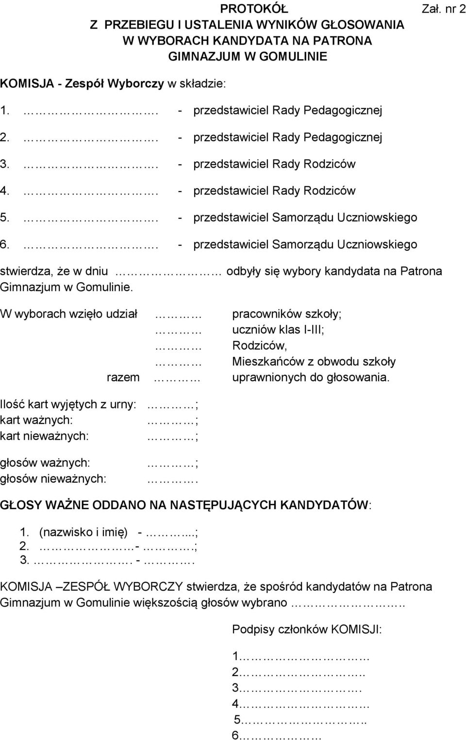 . - przedstawiciel Samorządu Uczniowskiego stwierdza, że w dniu odbyły się wybory kandydata na Patrona Gimnazjum w Gomulinie.