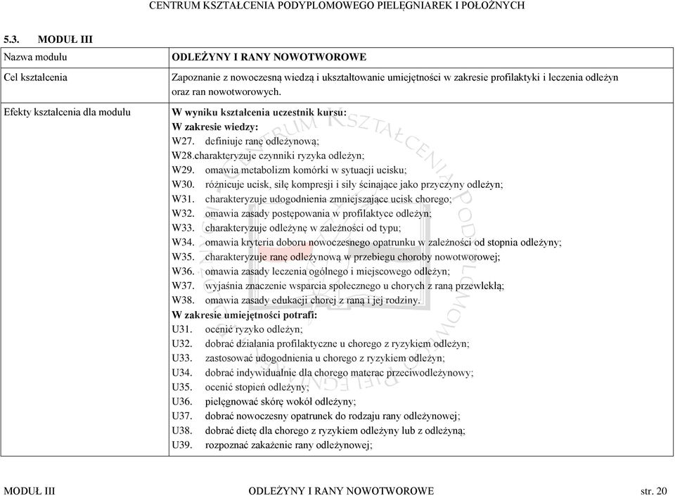 omawia metabolizm komórki w sytuacji ucisku; W30. różnicuje ucisk, siłę kompresji i siły ścinające jako przyczyny odleżyn; W31. charakteryzuje udogodnienia zmniejszające ucisk chorego; W32.