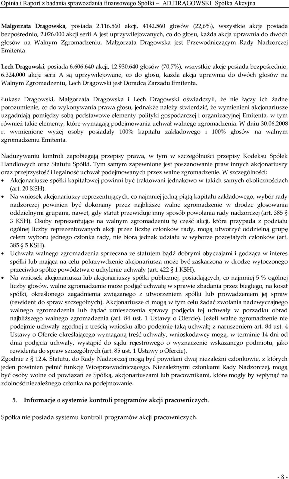 Lech Drągowski, posiada 6.606.640 akcji, 12.930.640 głosów (70,7%), wszystkie akcje posiada bezpośrednio, 6.324.