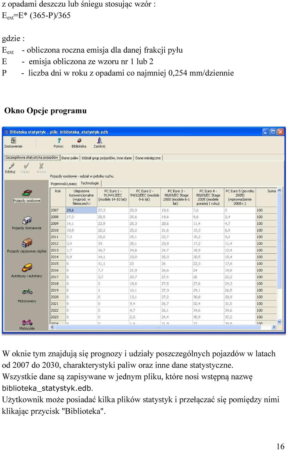 poszczególnych pojazdów w latach od 2007 do 2030, charakterystyki paliw oraz inne dane statystyczne.