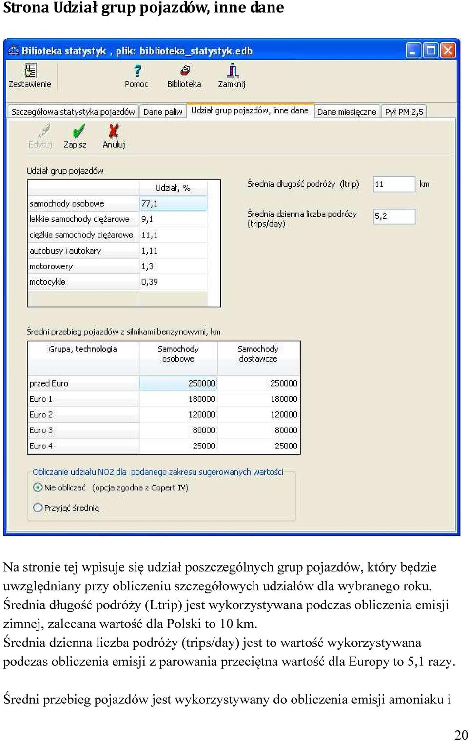Średnia długość podróży (Ltrip) jest wykorzystywana podczas obliczenia emisji zimnej, zalecana wartość dla Polski to 10 km.
