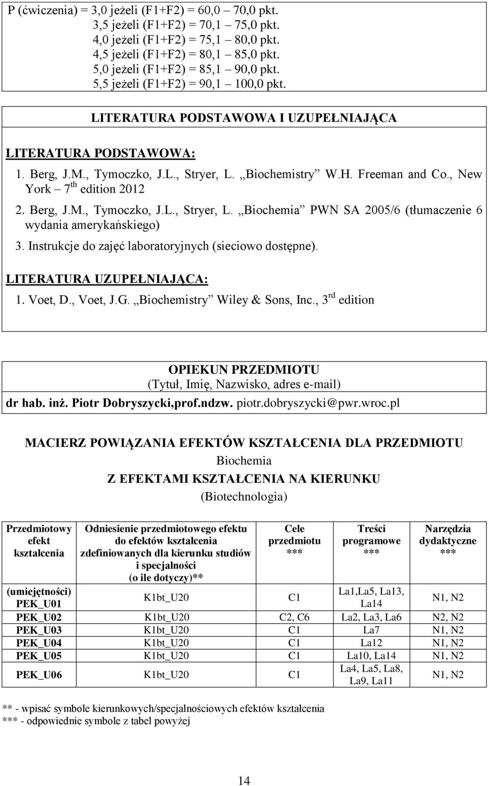 Berg, J.M., Tymoczko, J.L., Stryer, L. Biochemia PWN SA 005/6 (tłumaczenie 6 wydania amerykańskiego) 3. Instrukcje do zajęć laboratoryjnych (sieciowo dostępne). LITERATURA UZUPEŁNIAJĄCA: 1. Voet, D.