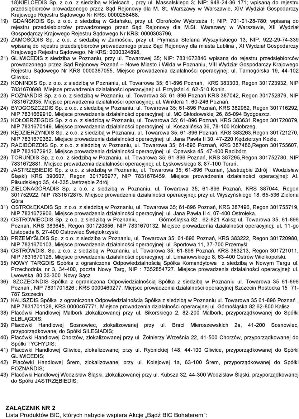 Obrońców Wybrzeża 1; NIP: 701-01-28-780; wpisaną do rejestru przedsiębiorców prowadzonego przez Sąd Rejonowy dla M.St.