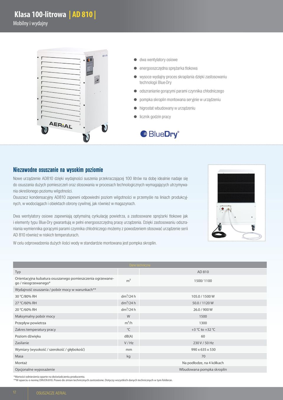 dzięki wydajności suszenia przekraczającej 100 litrów na dobę idealnie nadaje się do osuszania dużych pomieszczeń oraz stosowania w procesach technologicznych wymagających utrzymywania określonego