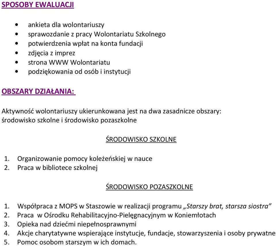 Organizowanie pomocy koleżeńskiej w nauce 2. Praca w bibliotece szkolnej ŚRODOWISKO POZASZKOLNE 1. Współpraca z MOPS w Staszowie w realizacji programu Starszy brat, starsza siostra 2.