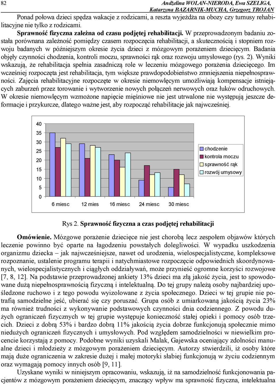 W przeprowadzonym badaniu została porównana zależność pomiędzy czasem rozpoczęcia rehabilitacji, a skutecznością i stopniem rozwoju badanych w późniejszym okresie życia dzieci z mózgowym porażeniem