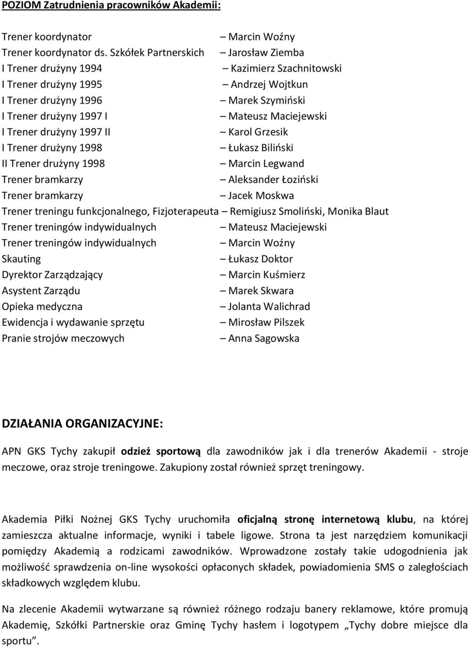 Maciejewski I Trener drużyny 1997 II Karol Grzesik I Trener drużyny 1998 Łukasz Bilioski II Trener drużyny 1998 Marcin Legwand Trener bramkarzy Aleksander Łozioski Trener bramkarzy Jacek Moskwa