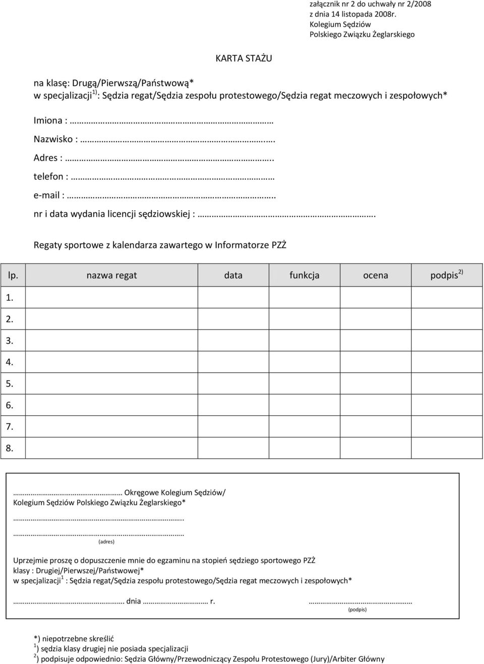 Imiona : Nazwisko :.. Adres :.. telefon : e-mail :.. nr i data wydania licencji sędziowskiej :. Regaty sportowe z kalendarza zawartego w Informatorze PZŻ lp.