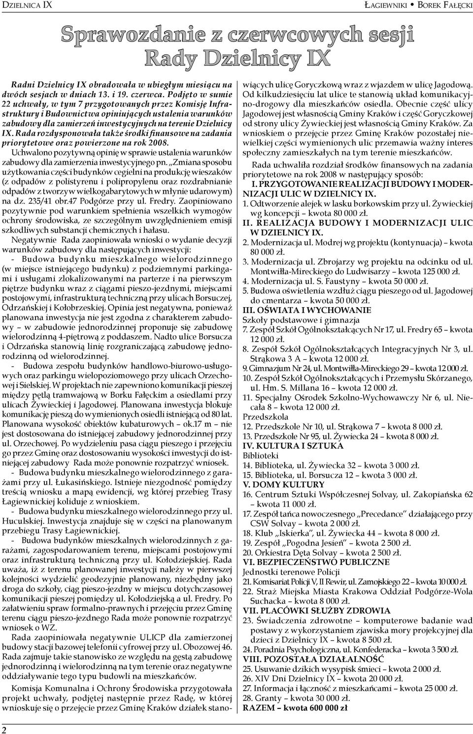 Rada rozdysponowała także środki finansowe na zadania priorytetowe oraz powierzone na rok 2008. Uchwalono pozytywną opinię w sprawie ustalenia warunków zabudowy dla zamierzenia inwestycyjnego pn.