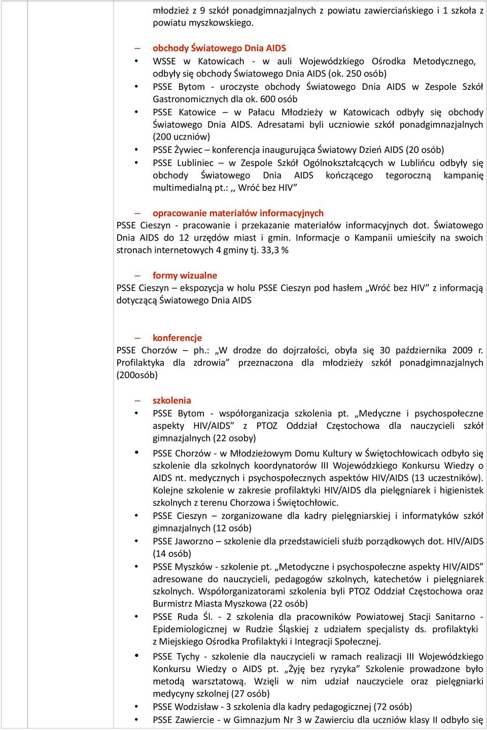 250 osób) PSSE Bytom - uroczyste obchody Światowego Dnia AIDS w Zespole Szkół Gastronomicznych dla ok. 600 osób PSSE Katowice w Pałacu Młodzieży w Katowicach odbyły się obchody Światowego Dnia AIDS.