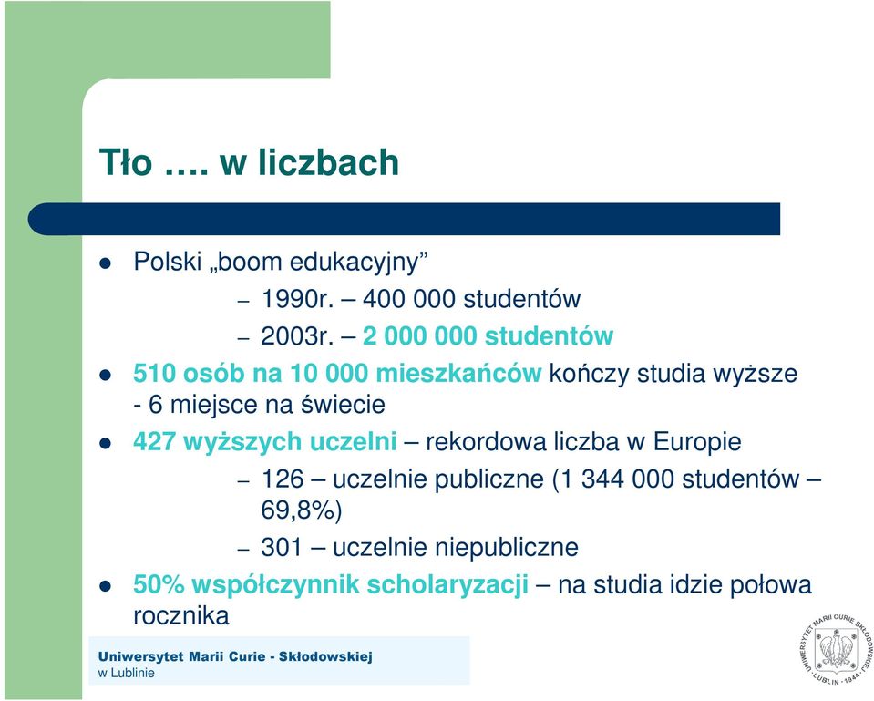 świecie 427 wyŝszych uczelni rekordowa liczba w Europie 126 uczelnie publiczne (1 344