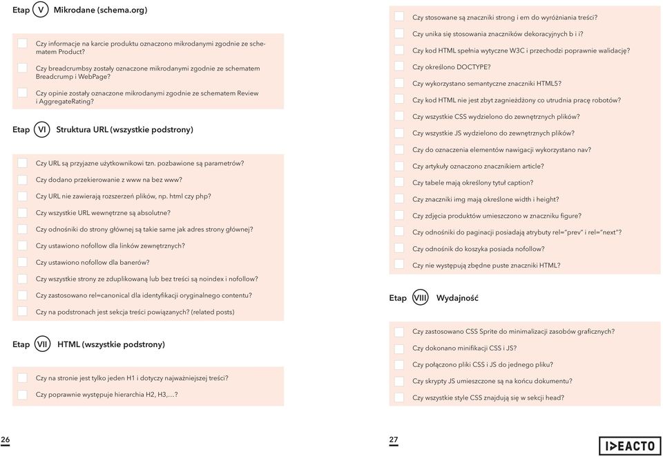 Czy unika się stosowania znaczników dekoracyjnych b i i? Czy kod HTML spełnia wytyczne W3C i przechodzi poprawnie walidację? Czy określono DOCTYPE? Czy wykorzystano semantyczne znaczniki HTML5?