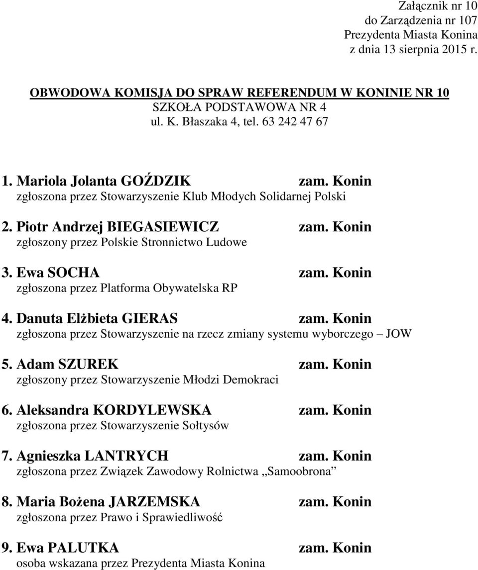 Konin zgłoszona przez Platforma Obywatelska RP 4. Danuta Elżbieta GIERAS zam. Konin zgłoszona przez Stowarzyszenie na rzecz zmiany systemu wyborczego JOW 5. Adam SZUREK zam.