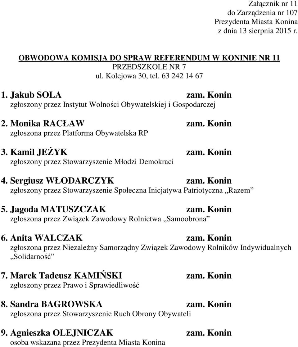 Konin zgłoszony przez Stowarzyszenie Młodzi Demokraci 4. Sergiusz WŁODARCZYK zam. Konin zgłoszony przez Stowarzyszenie Społeczna Inicjatywa Patriotyczna Razem 5. Jagoda MATUSZCZAK zam.