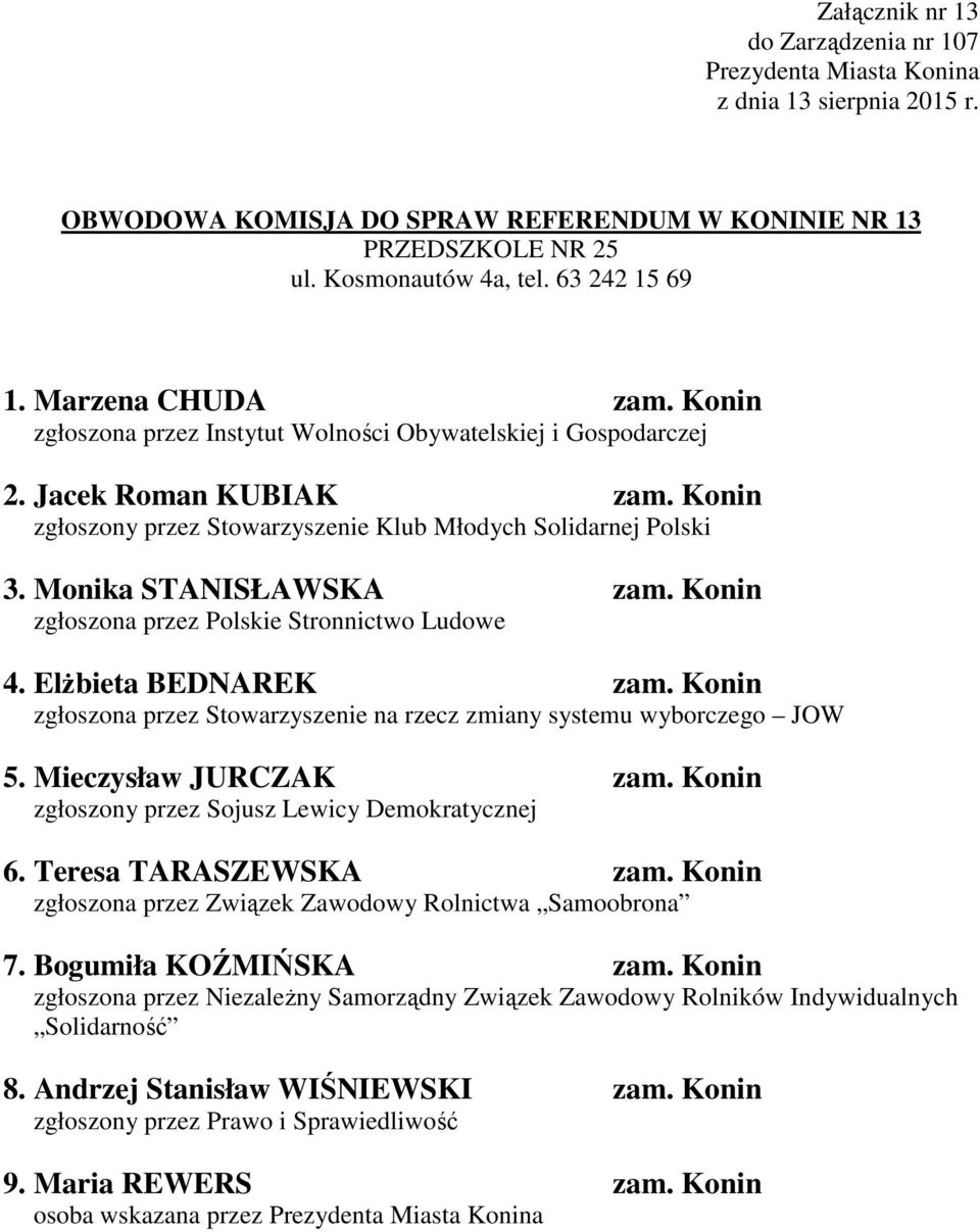 Konin zgłoszona przez Polskie Stronnictwo Ludowe 4. Elżbieta BEDNAREK zam. Konin zgłoszona przez Stowarzyszenie na rzecz zmiany systemu wyborczego JOW 5. Mieczysław JURCZAK zam.