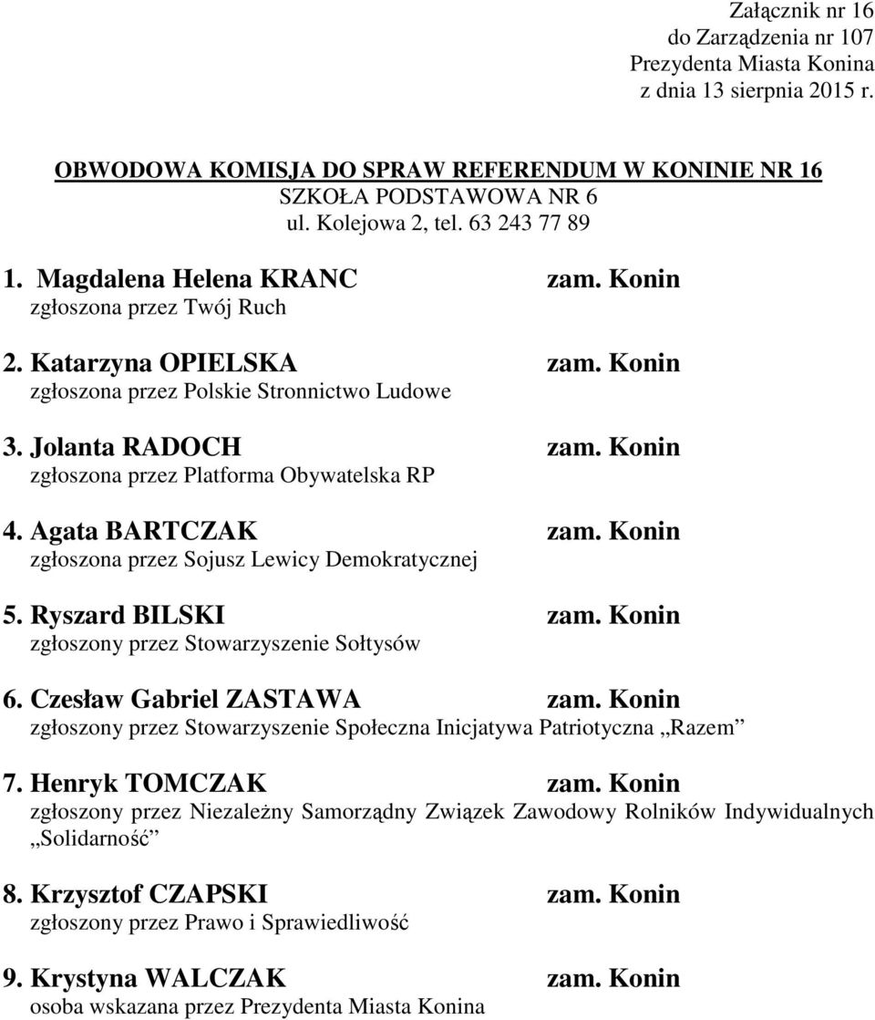 Konin zgłoszona przez Sojusz Lewicy Demokratycznej 5. Ryszard BILSKI zam. Konin zgłoszony przez Stowarzyszenie Sołtysów 6. Czesław Gabriel ZASTAWA zam.