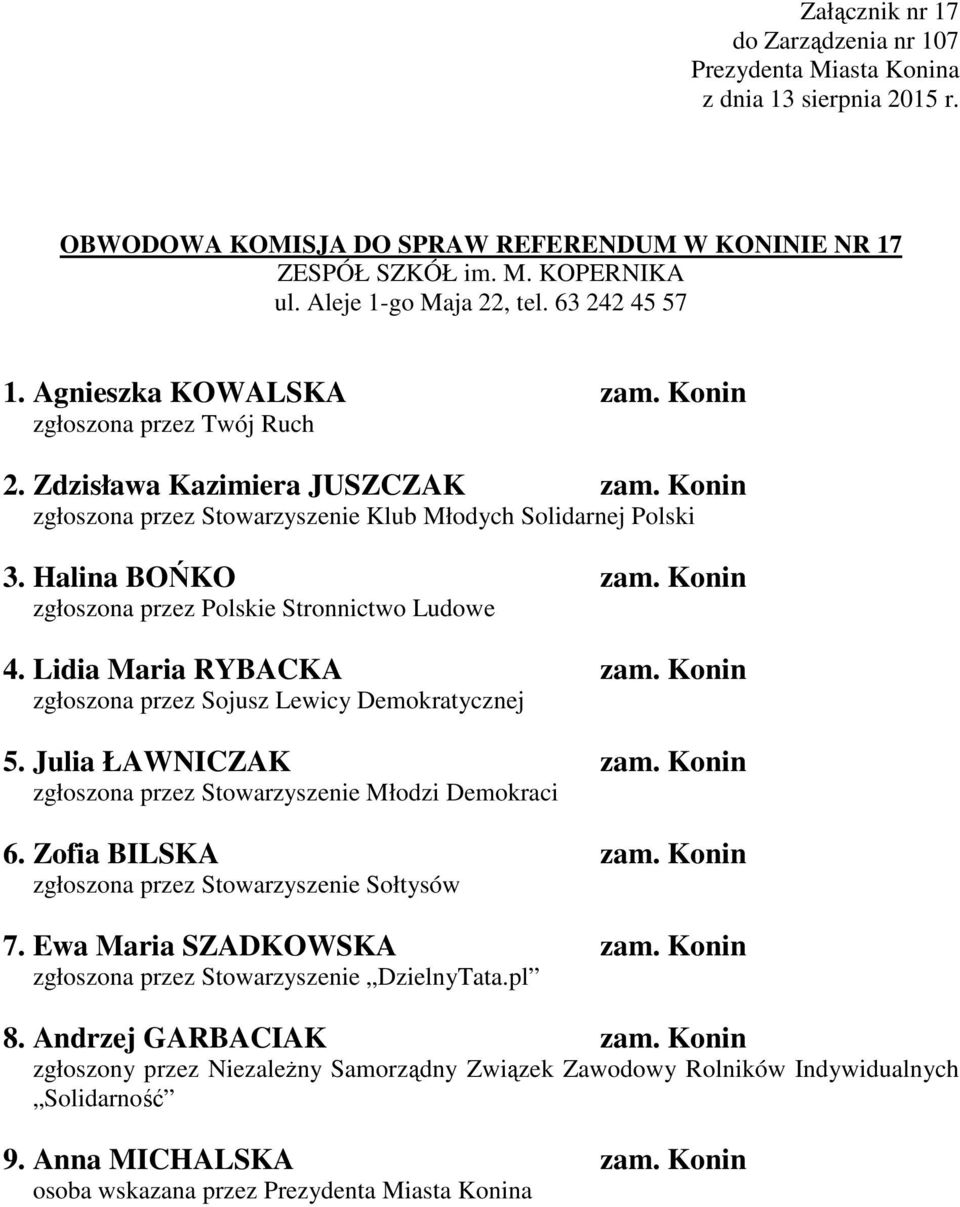 Konin zgłoszona przez Polskie Stronnictwo Ludowe 4. Lidia Maria RYBACKA zam. Konin zgłoszona przez Sojusz Lewicy Demokratycznej 5. Julia ŁAWNICZAK zam.