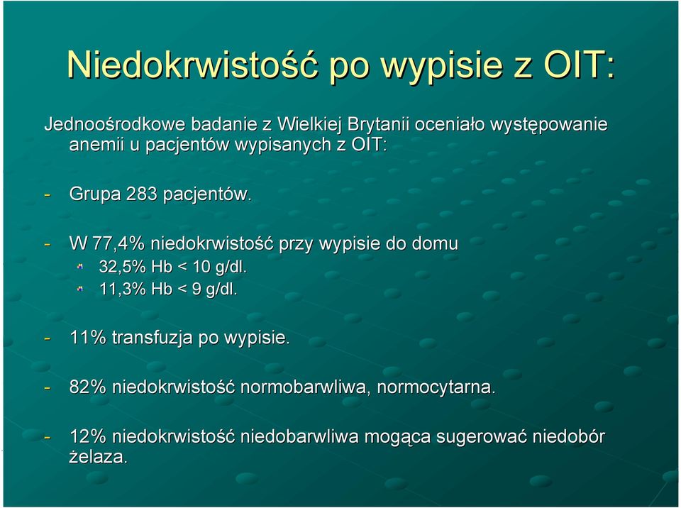 - W 77,4% niedokrwistość przy wypisie do domu 32,5% Hb < 10 g/dl. 11,3% Hb < 9 g/dl.