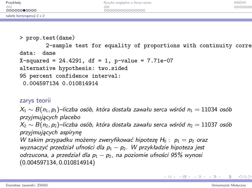 010814914 zarys teorii X 1 B(n 1, p 1) liczba osób, która dostała zawału serca wśród n 1 = 11034 osób przyjmujących placebo X 2 B(n 2, p 2) liczba osób, która dostała zawału