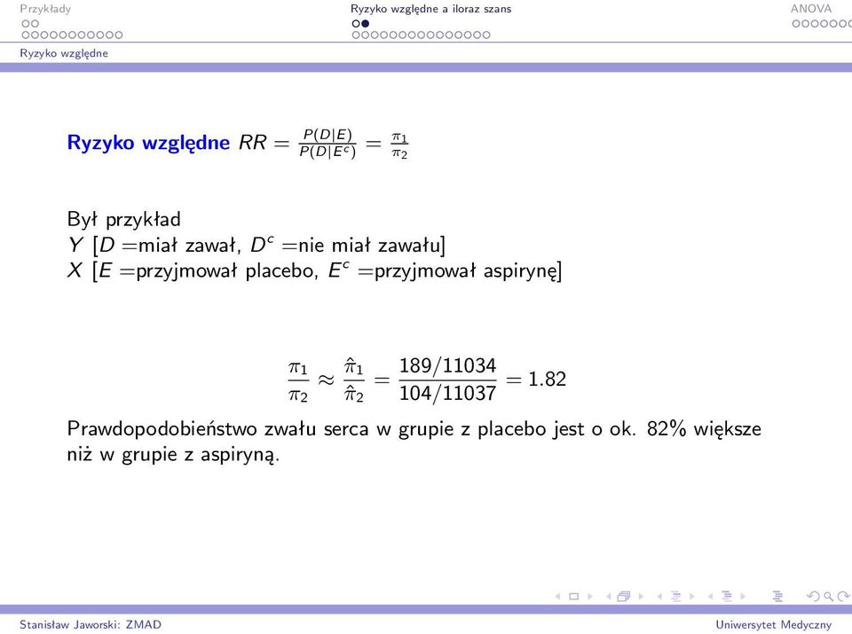 =przyjmował aspirynę] π 1 π 2 ˆπ1 ˆπ 2 = 189/11034 104/11037 = 1.