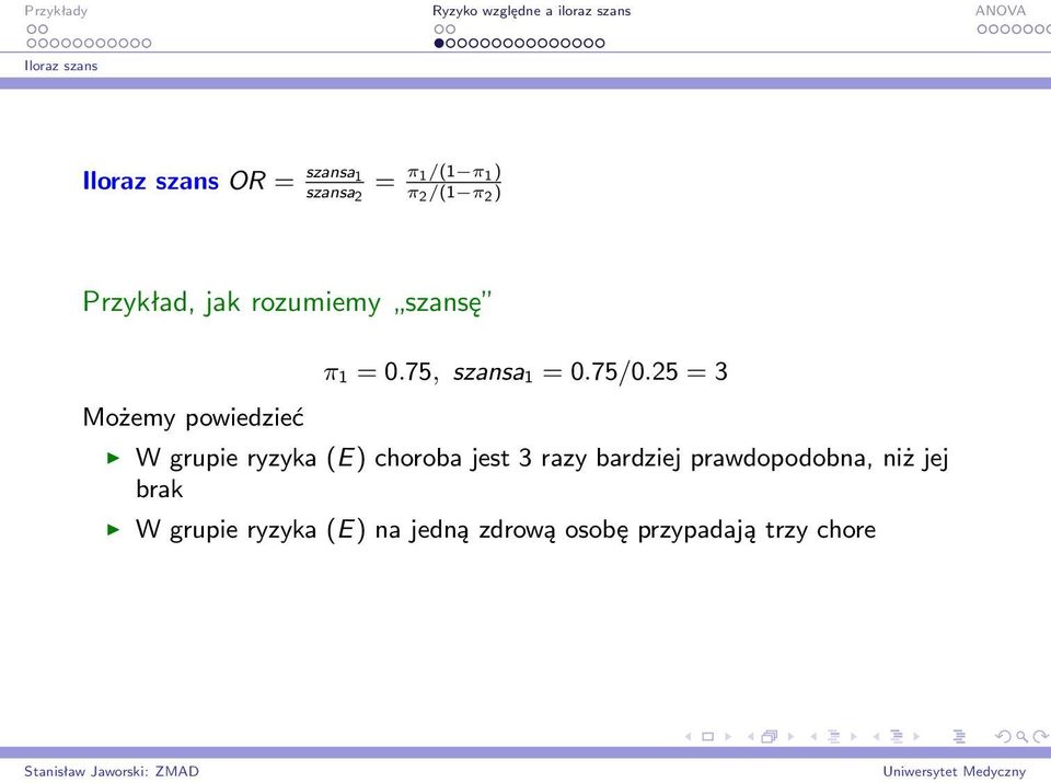 75/0.25 = 3 W grupie ryzyka (E) choroba jest 3 razy bardziej prawdopodobna,