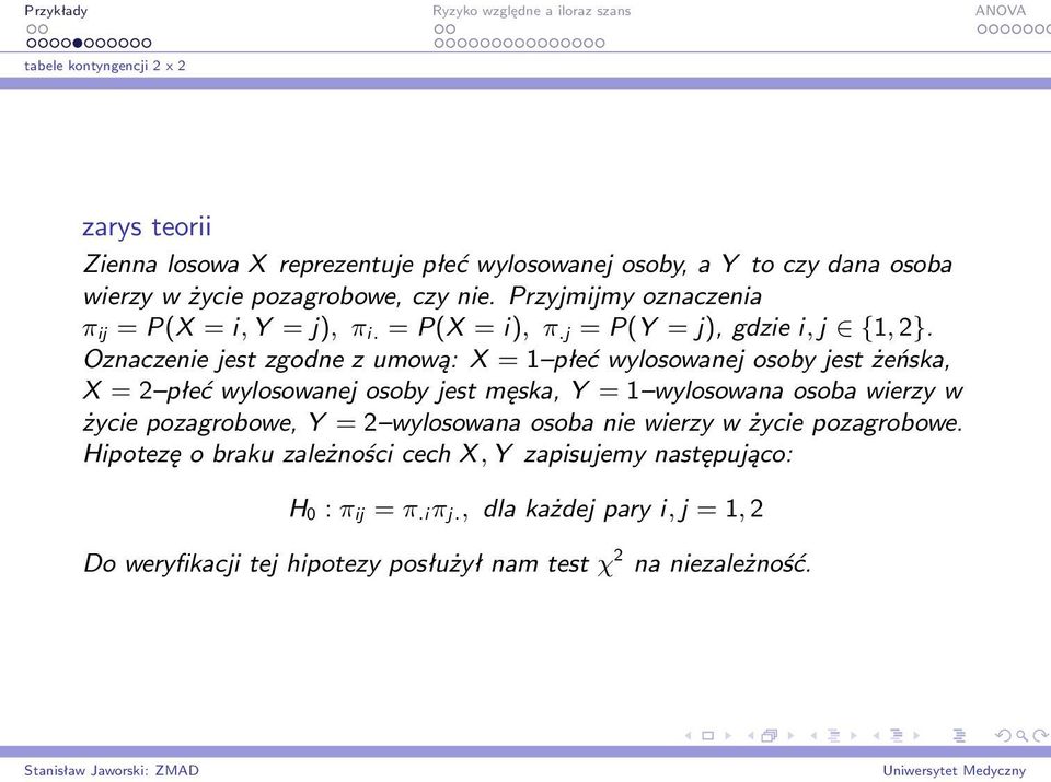 Oznaczenie jest zgodne z umową: X = 1 płeć wylosowanej osoby jest żeńska, X = 2 płeć wylosowanej osoby jest męska, Y = 1 wylosowana osoba wierzy w życie