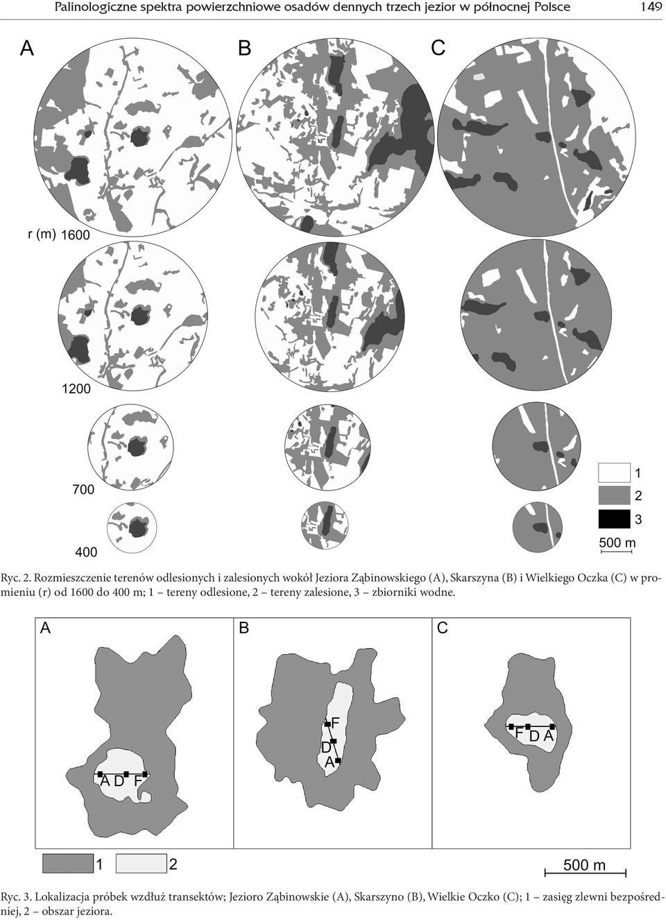 (C) w promieniu (r) od 1600 do 400 m; 1 tereny odlesione, 2 tereny zalesione, 3 