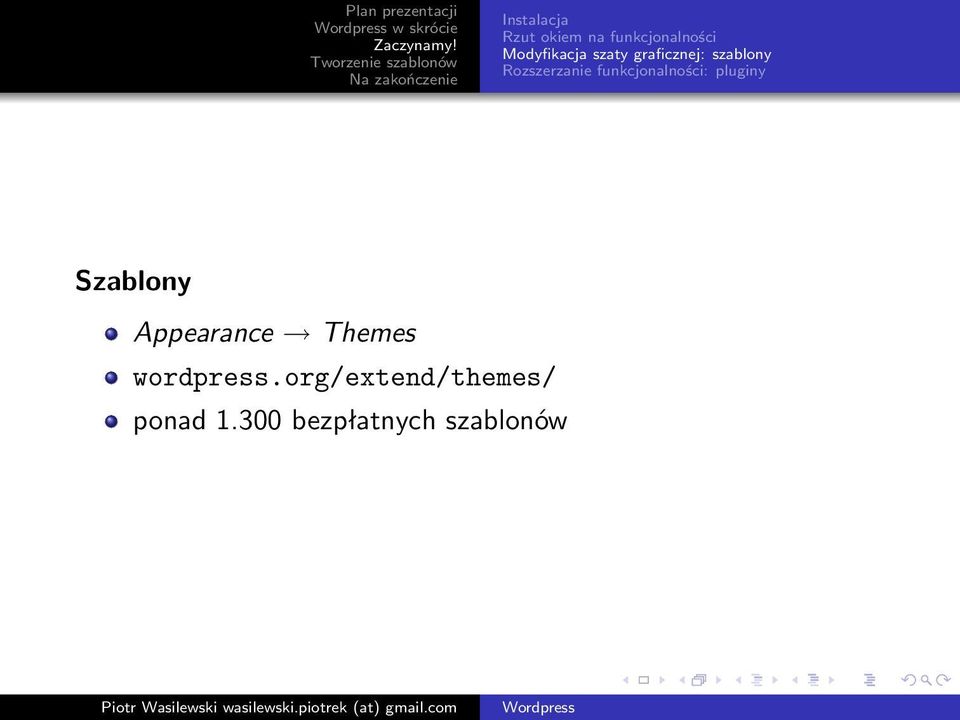 funkcjonalności: pluginy Szablony Appearance Themes