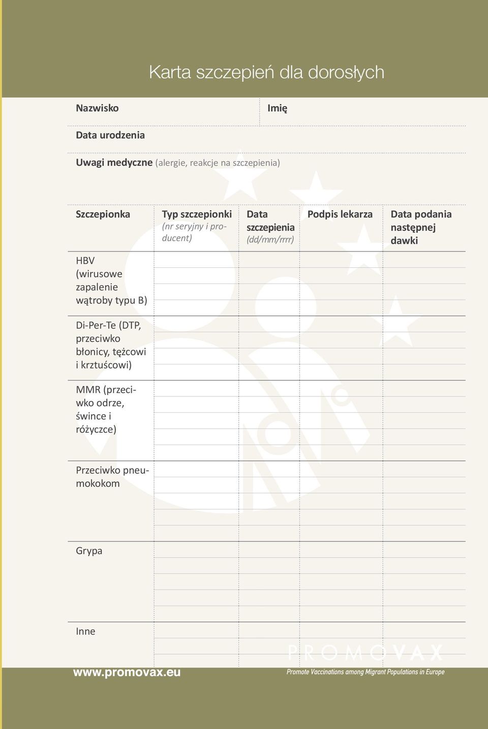 Podpis lekarza Data podania następnej dawki HBV (wirusowe zapalenie wątroby typu B) Di-Per-Te (DTP,