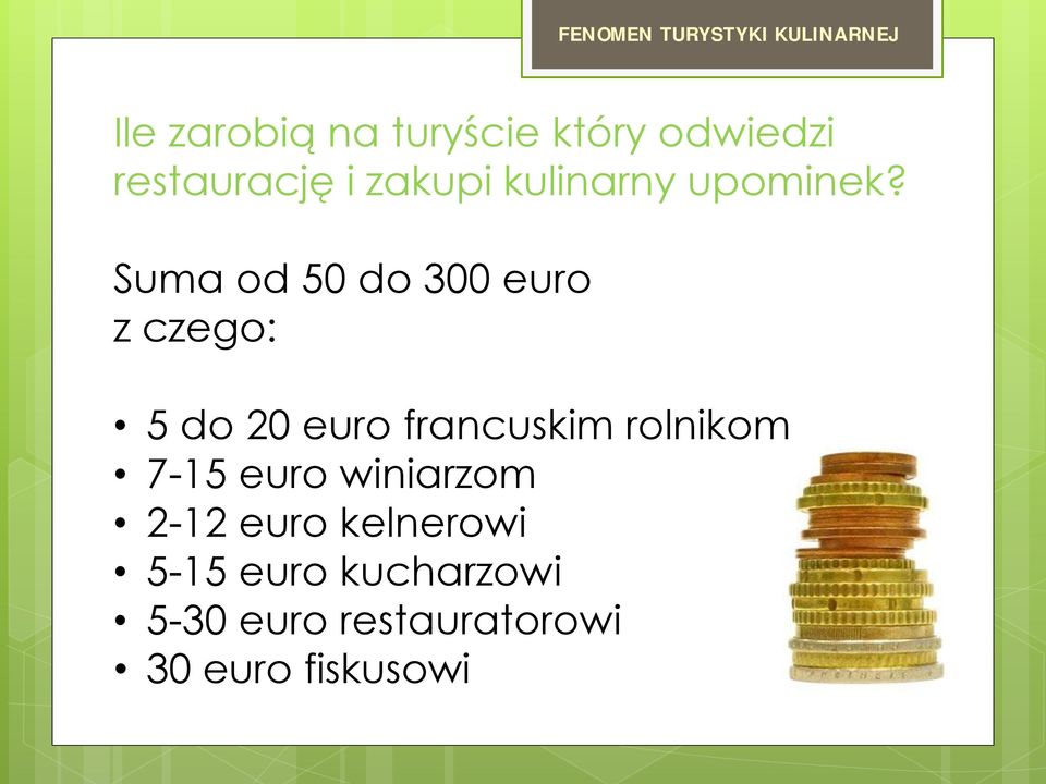 Suma od 50 do 300 euro z czego: 5 do 20 euro francuskim