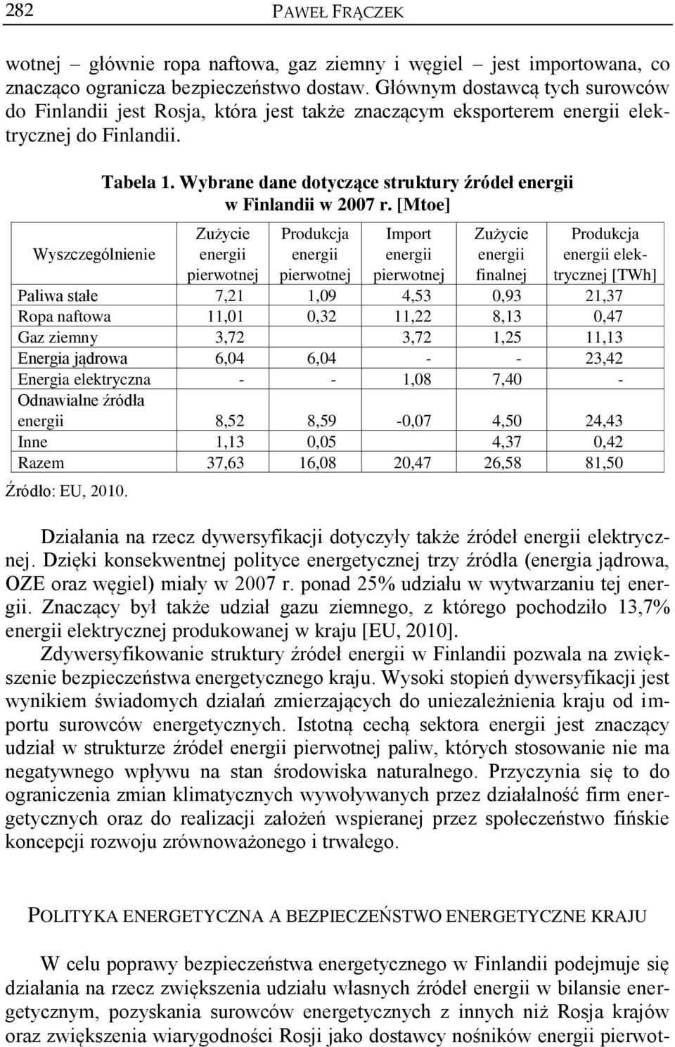 Wybrane dane dotyczące struktury źródeł energii w Finlandii w 2007 r.