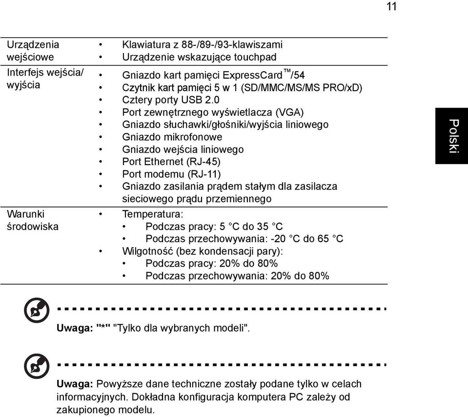 0 Port zewnętrznego wyświetlacza (VGA) Gniazdo słuchawki/głośniki/wyjścia liniowego Gniazdo mikrofonowe Gniazdo wejścia liniowego Port Ethernet (RJ-45) Port modemu (RJ-11) Gniazdo zasilania prądem