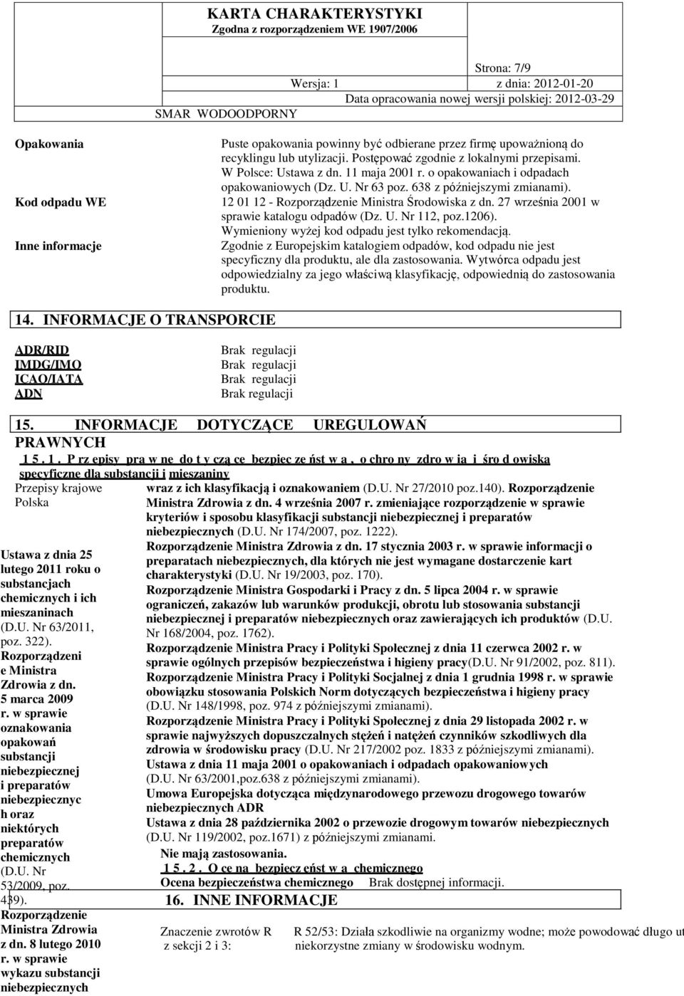 638 z późniejszymi zmianami). 12 01 12 Rozporządzenie Ministra Środowiska z dn. 27 września 2001 w sprawie katalogu odpadów (Dz. U. Nr 112, poz.1206).