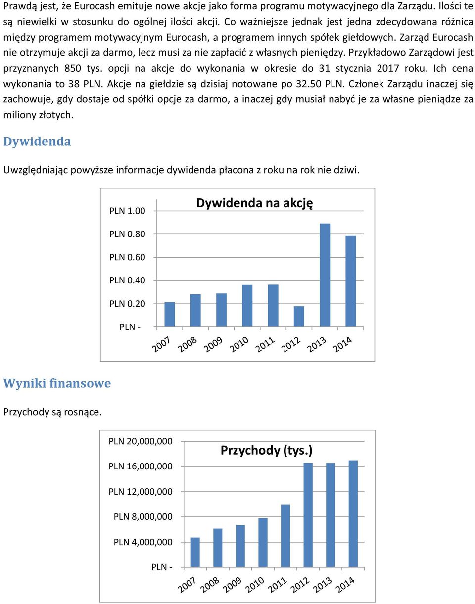 Zarząd Eurocash nie otrzymuje akcji za darmo, lecz musi za nie zapłacid z własnych pieniędzy. Przykładowo Zarządowi jest przyznanych 850 tys.
