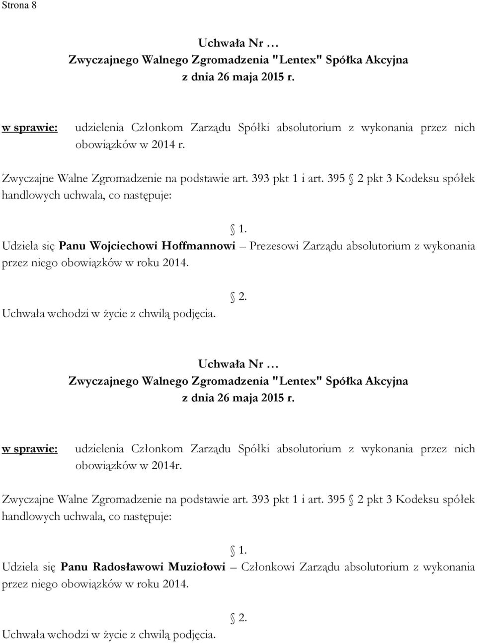 395 2 pkt 3 Kodeksu spółek handlowych uchwala, co następuje: Udziela się Panu Wojciechowi Hoffmannowi Prezesowi Zarządu absolutorium z wykonania przez niego obowiązków w roku 2014. 2. z dnia 26 maja 2015 r.